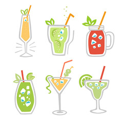 Classic cocktails vector set. Stylized drinks