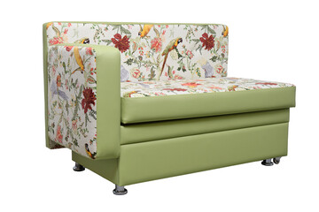 modern green extended leather sofa with colorful print. contemporary couch
