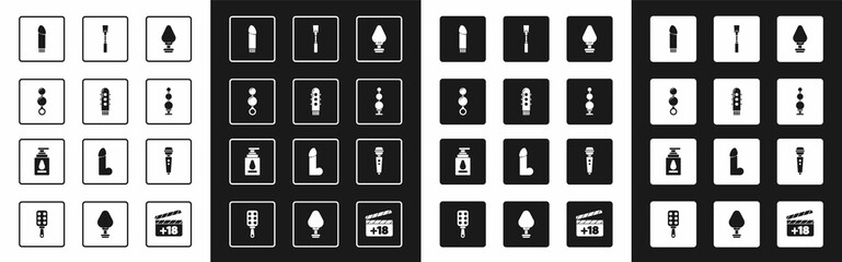 Set Anal plug, Dildo vibrator, beads, Leather whip, and Personal lubricant icon. Vector - obrazy, fototapety, plakaty