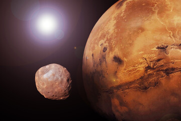 Mars planet with satellite. Elements of this image furnished by NASA