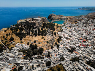 Aerial view of Lindos Acropolis from Rhodos , Greece 
