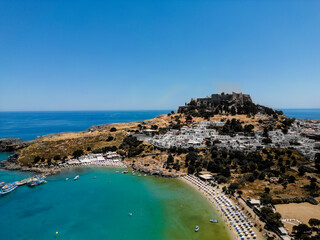 Aerial view of Lindos Acropolis from Rhodos , Greece 
