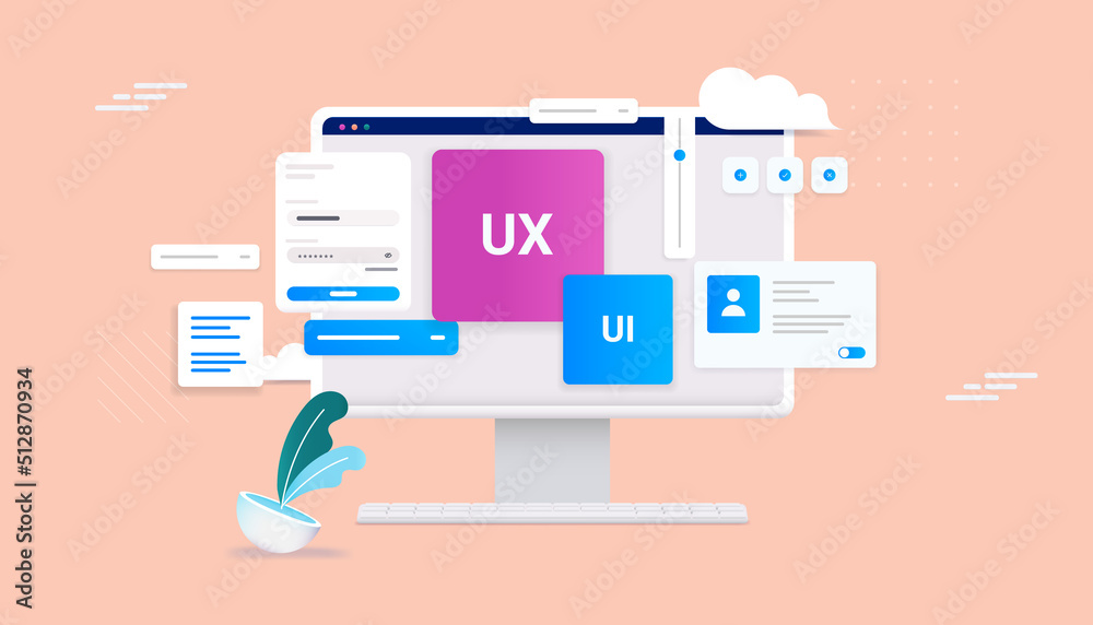 Aufkleber Ux and Ui development - Desktop computer with web design elements in decorative vector illustration