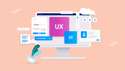 Ux and Ui development - Desktop computer with web design elements in decorative vector illustration