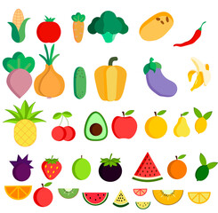 Set of cute funny characters fresh healthy vegetables and fruits isolated. Organic vegan farm veggies. Healthy lifestyle.
