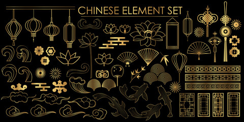 Vector set of Chinese traditional elements. Elements of decor, ornament, culture of China in golden color. Line art style.