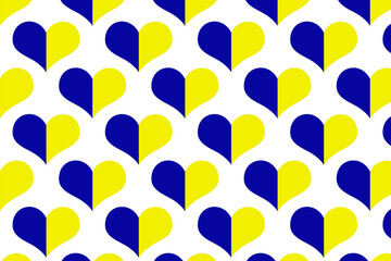 Seamless pattern of national traditional blue and yellow colour ukrainian symbols of flag in heart shape on white background.glory,peace to Ukraine