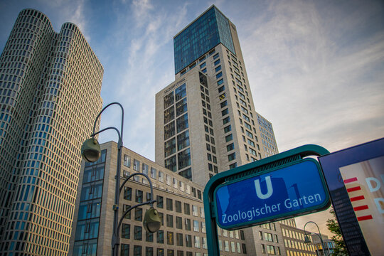 View on skyscrapers on Zoologischer Garten U-bahn or metro station with Waldorf Astoria