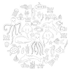 Set of doodles of animals and plants of the underwater world for coloring. Vector illustration of corals and boats. Collection of sea fish in outline