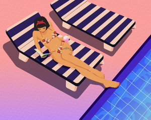 Woman sunbathing in bikini at the swimming pool