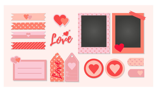 Scrapbook kit with drawings of hearts. Illustration. Vector. Scrapbooking. Cute pink set.
