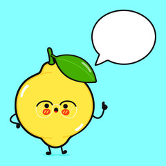 Cute funny lemon with speech bubble. Vector hand drawn cartoon kawaii character illustration icon. Isolated on blue background. Lemon character concept