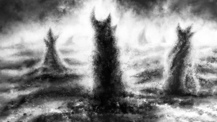 Evil shadow demons. Gloomy silhouettes in dark hills. Dead lands with ruins spooky illustration. Horror fantasy genre. Gloomy character from nightmares.