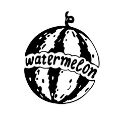 Cartoon  watermelon with black inscription. Great element for your food illustration.  Fresh vegetables, fruits and berries. Vegan and vegetarian concept.