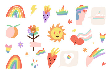 Pride Month stickers. LGBTQ, transgender, nonbinary community flag colored heart, rainbow, character, flower, fried eggs