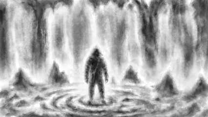 One hooded man stands inside cave. Ritual room an ancient temple. Spooky dark monk illustration. Horror fantasy genre. Scary character from nightmares. Coal noise effect. Black white background.