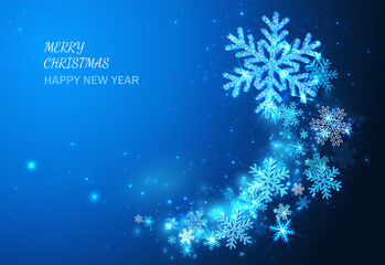Blue Christmas Magic Background With Light And Snowflakes.