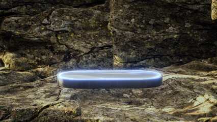 Futuristic pedestal or platform for display.3d rendering. Abstract empty stage with glow light in rock or stone scene with trobical shadow. Neon podium in 3d desart scene for showcase and proudact.