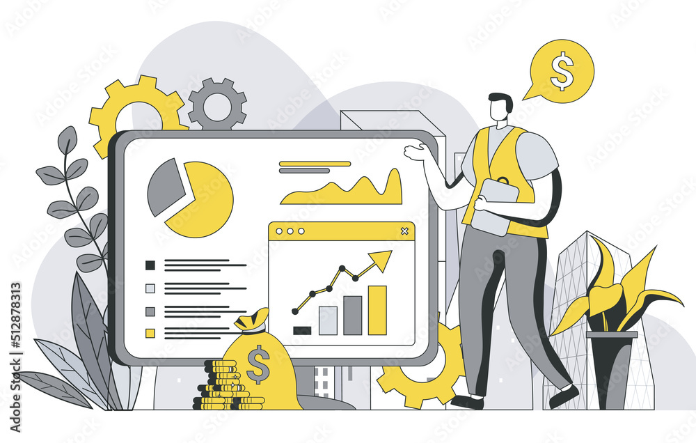Fototapete Business statistic concept with outline people scene. Man analyzes data and financial report, shows presentation and does market research. Illustration in flat line design for web template