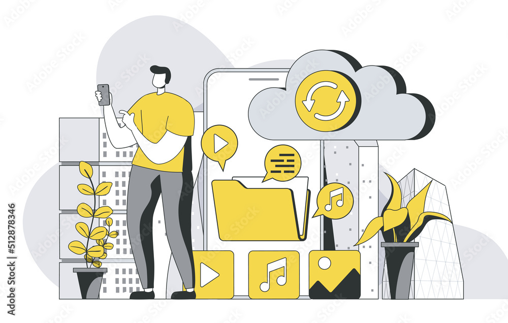 Poster cloud storage concept with outline people scene. man transfers content and files to cloud, creates b