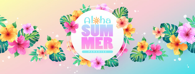 Aloha summer paradise banner decorated with hibiscus flowers and tropical leaves on multicolor background. Template for fashion ads, horizontal poster and social media - obrazy, fototapety, plakaty