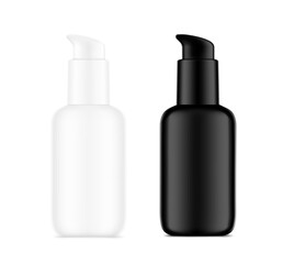 White and black airless pump bottle mockup. Vector illustration isolated on white background. Сan be used for cosmetic, medical and other needs. Symmetrical lighting scheme. EPS10.	