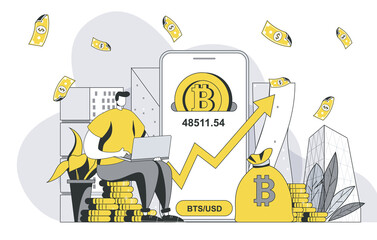Cryptocurrency investment concept with outline people scene. Man buys bitcoins and increases income, digital money and success crypto business. Illustration in flat line design for web template