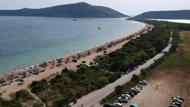 Panoramic aerial view over Divari beach near Navarino bay, Gialova. It is one of the best beaches in mediterranean Europe. Beautiful lagoon near Voidokilia from a high point of view, Messinia, Greece