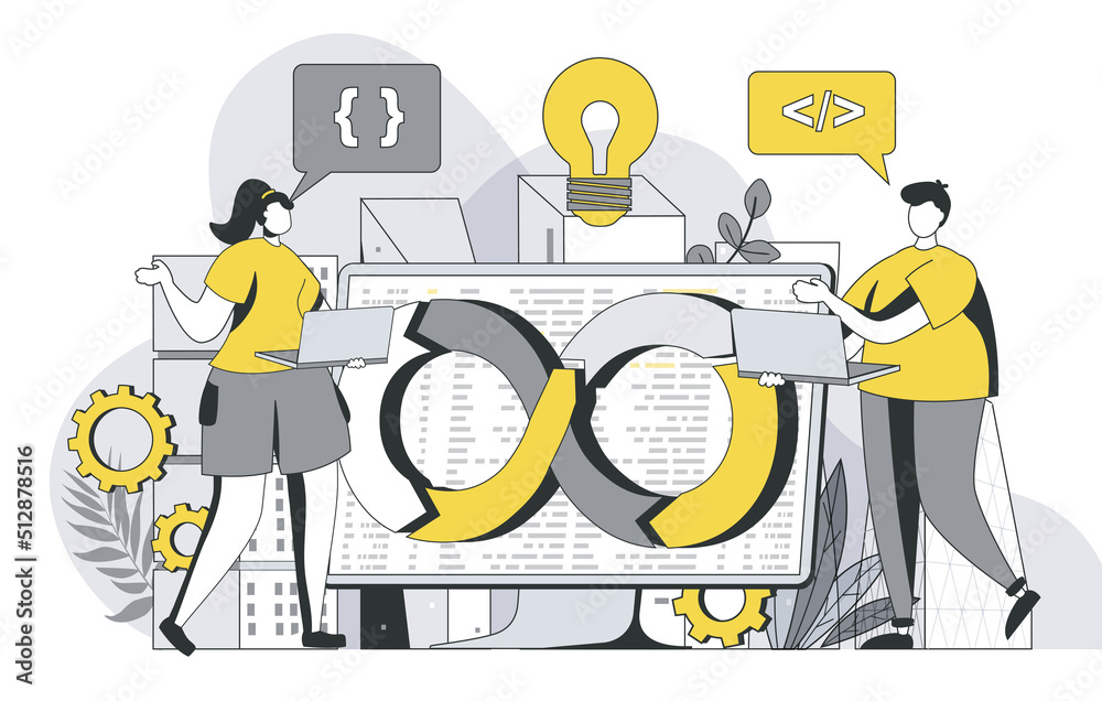 Poster DevOps engineers team concept with outline people scene. Man and woman work together, programmers communicate, brainstorm and set up processes. Illustration in flat line design for web template