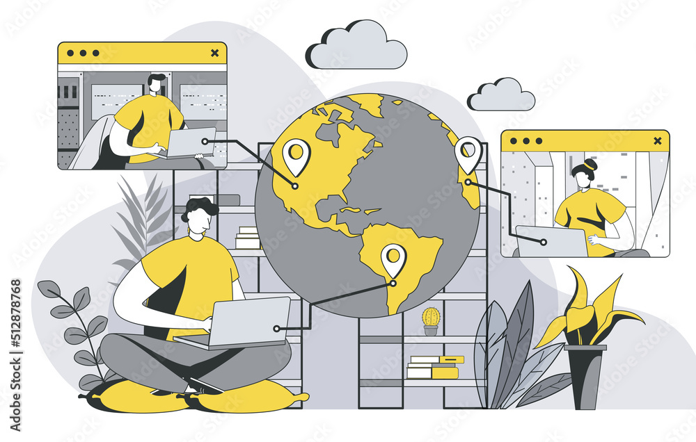 Poster outsourcing company concept with outline people scene. employees work remotely in international comp