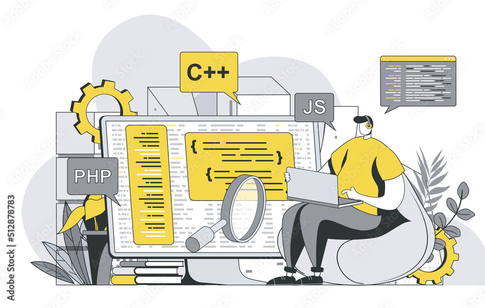 Poster Programming software concept with outline people scene. Developer codes in different languages, creates programs and software, optimizes apps. Illustration in flat line design for web template