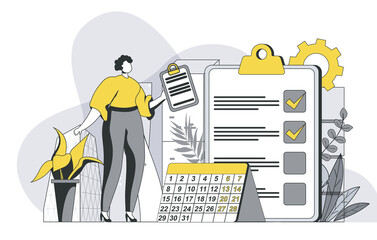 Planning concept with outline people scene. Woman organizes workflow and composes list of tasks, marks dates on calendar, time management. Illustration in flat line design for web template