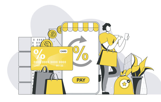 Money transfer concept with outline people scene. Woman customer pays for purchases in online service at mobile application using credit card. Illustration in flat line design for web template