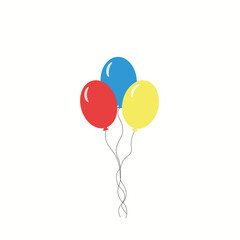 Bunch of balloons for birthday and party. 3 Flying ballons with rope. Blue, red, yellow balls in set on white background. Balloon in cartoon style for celebrate and party