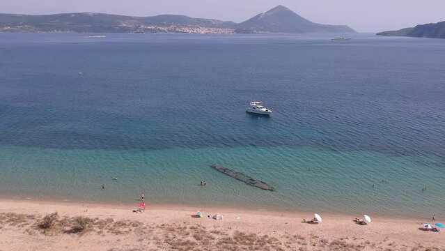 Panoramic aerial view over Divari beach near Navarino bay, Gialova. It is one of the best beaches in mediterranean Europe. Beautiful lagoon near Voidokilia from a high point of view, Messinia, Greece