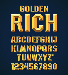 Decorative gold font, golden bars metallic beveled typeface alphabet and numbers. Upper case. Vector illustration.