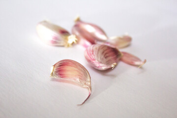 a few cloves of garlic lie on a white background