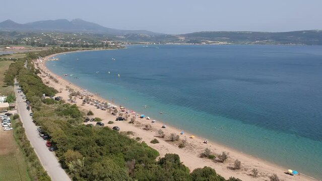 Panoramic aerial view over Divari beach near Navarino bay, Gialova. It is one of the best beaches in mediterranean Europe. Beautiful lagoon near Voidokilia from a high point of view, Messinia, Greece