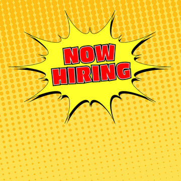 Now Hiring in red with yellow starburst - Vector Illustration