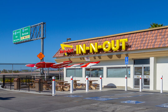Hesperia, CA, USA &ndash; June 23, 2022: Building exterior of In-N-Out Hamburger restaurant with outdoor seating in Hesperia, California.
