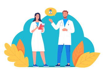 Healthcare professionals, a doctor and a nurse talk about medicine and treatment