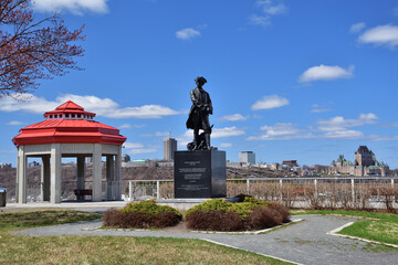 Levis Québec Park observation terrace overlooks the St. Lawrence River. Red pavilion at Terrasse...