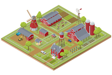 Isometric agricultural farm buildings, windmill barn and silo sheds hay garden beds and tractor. Pulling, pushing agricultural machinery, trailers, ploughing, tilling, disking, harrowing, planting.