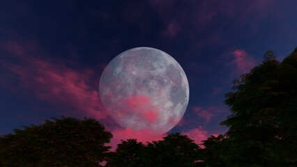 Fototapeta na wymiar Full moon with vanilla clouds on a background of forest.3D rendering