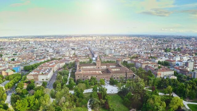 Aerial drone panoramic view of Sforza Castle with park area place luxurious residential landmark in Milan city italian palace government imperial fortress stronghold historical fortification heritage