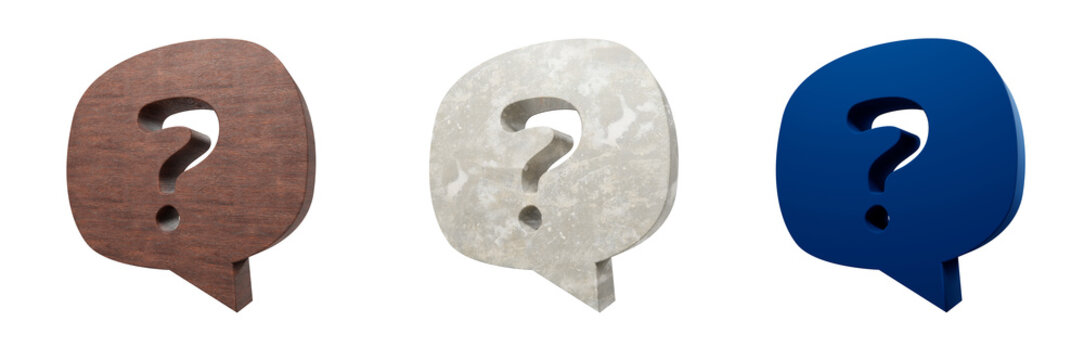 Speech bubble with question. Question mark, in different textures under white background. Wood, concrete and colorful 3d illustration. Doubt, questioning, FAQ, conversation, communication. Design.