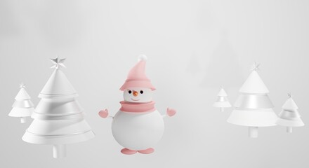 3d render. Winter composition. Snowman and Christmas trees on a white xmas background . 3d illustration