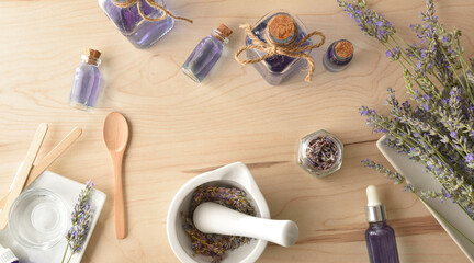 Homemade preparation of natural lavender essence with tools top view