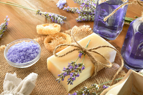 Set of natural lavender body care products on table elevated