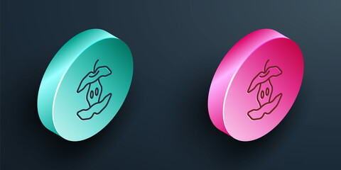 Isometric line Apple core icon isolated on black background. Bitten apple symbol. Apple stub silhouette. Biodegradable garbage sign. Turquoise and pink circle button. Vector - obrazy, fototapety, plakaty